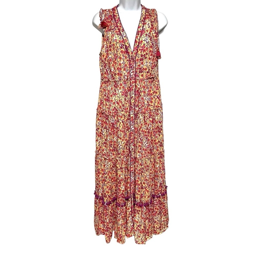 Poupette St. Barth Tiered Floral Maxi Dress Size Medium Pom Pom Tassel Vacation